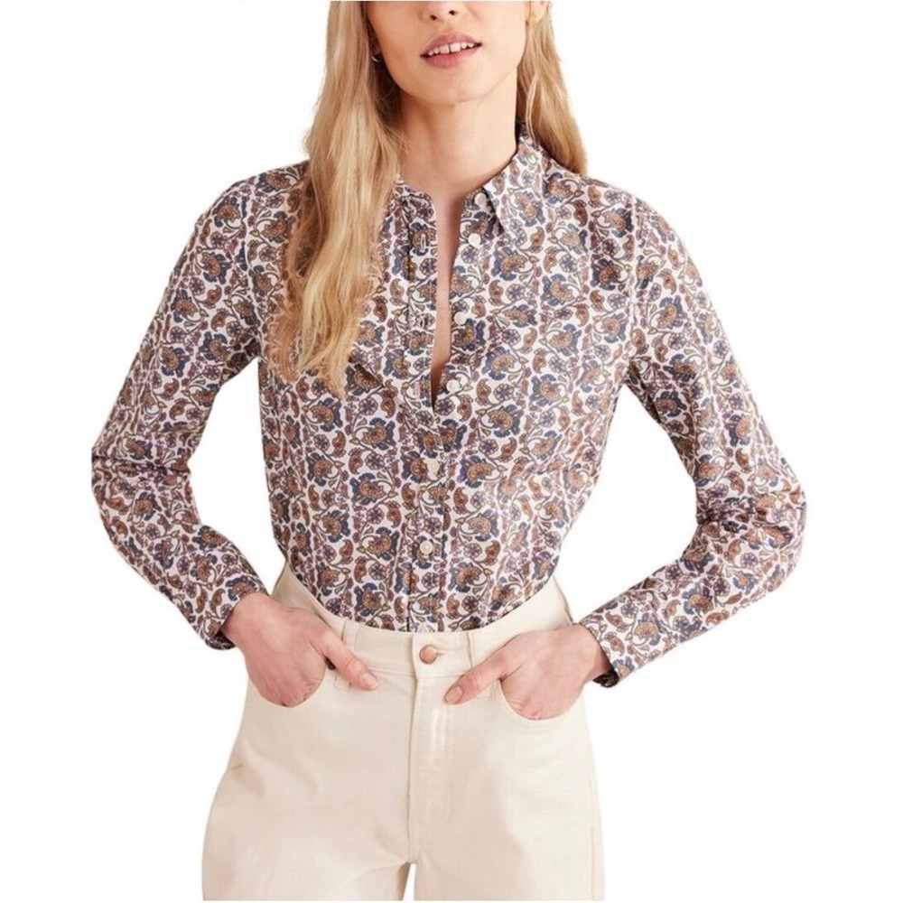 Boden Straight Cotton Button Down Shirt Ivory Block Paisley Long Sleeve - 10